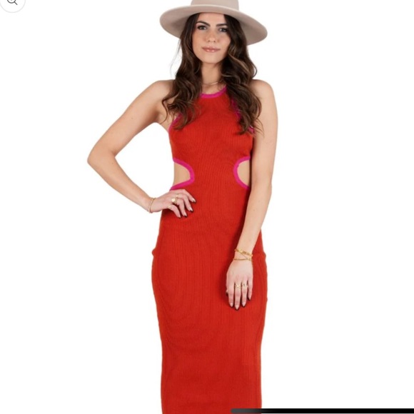 LUCCA Dresses & Skirts - NWT Lucca Alexandra Orange and Pink Cut-Out Ribbed Midi Dress